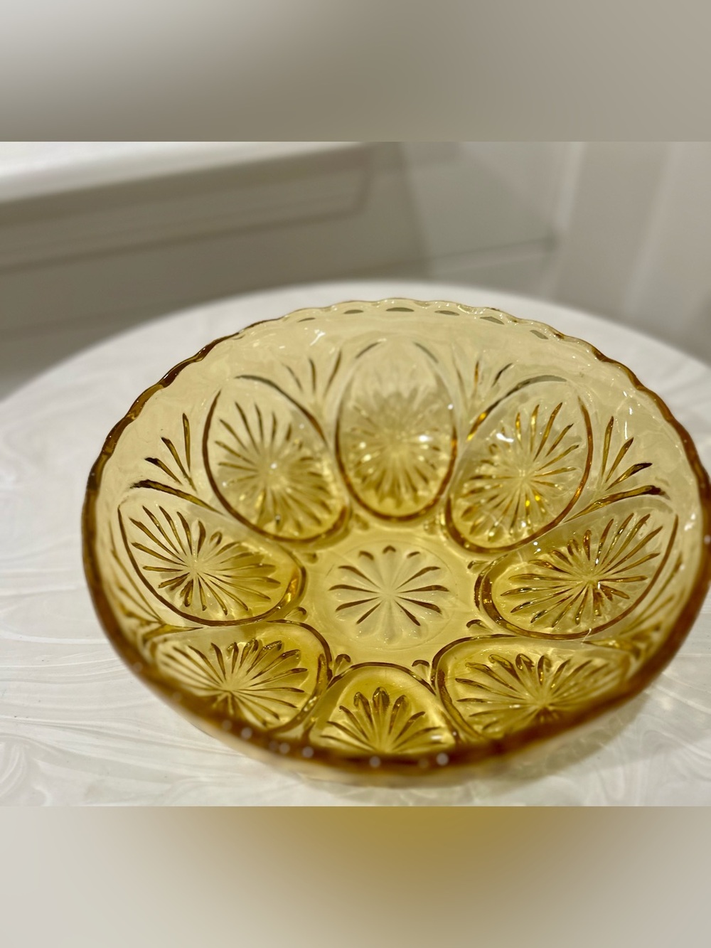 Vintage 1960s Anchor Hocking 8” Star Cameo Yellow Amber Glass Bowl
